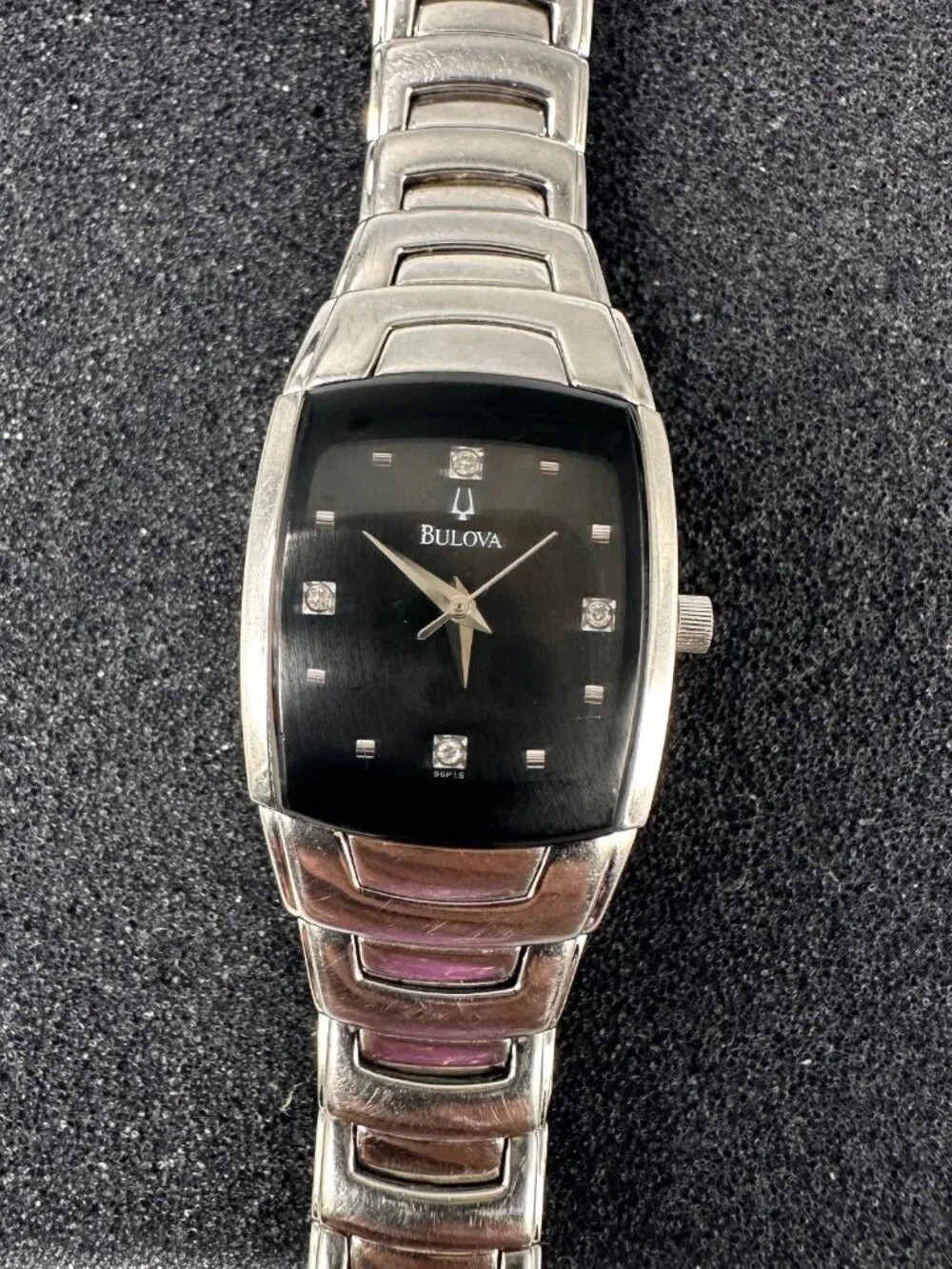 Bulova Watch Women Silver Tone Black Dial 96P15 New Battery 6.75